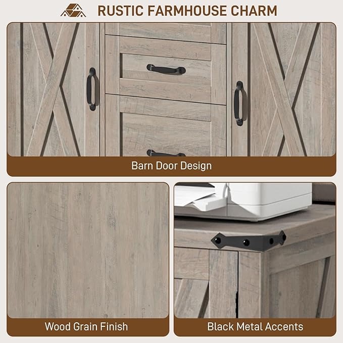 Vabches File Cabinet with 3 Drawers, Farmhouse Lateral File Cabinet Fits Files Letter/A4 Size, Wooden Filing Cabinet with Door and Adjustable Shelves Printer Stand for Home Office, Rustic Grey