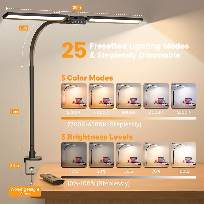 SIBRILLE LED Desk Lamp for Home Office - Remote Control Desk Light Computer Lamp with clamp, 22W, Dimmable, Color Changing, Touch Control, Height Adjustable, Black Table Task Light Bar for Work