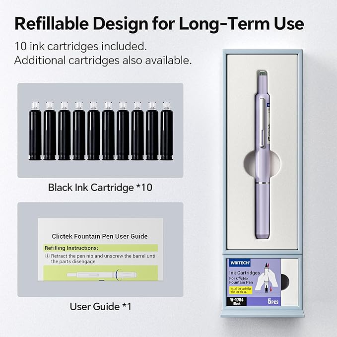 WRITECH Retractable Fountain Pen Set: Fine Nib Black Ink Premium Gift Box Includes 10 Cartridges, Perfect for Graduation Anniversaries Birthdays