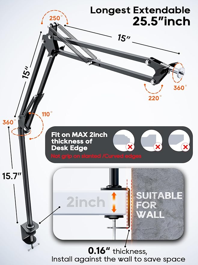 CACENCAN Overhead Camera Mount, 5lb Horizontal Load-Bearing, 360° Adjustable Stand for Desk, Flexible Arm Desk Mount, with Phone Clamp, Tabletop Mount for DSLR Camera/Webcam/Microphone（White