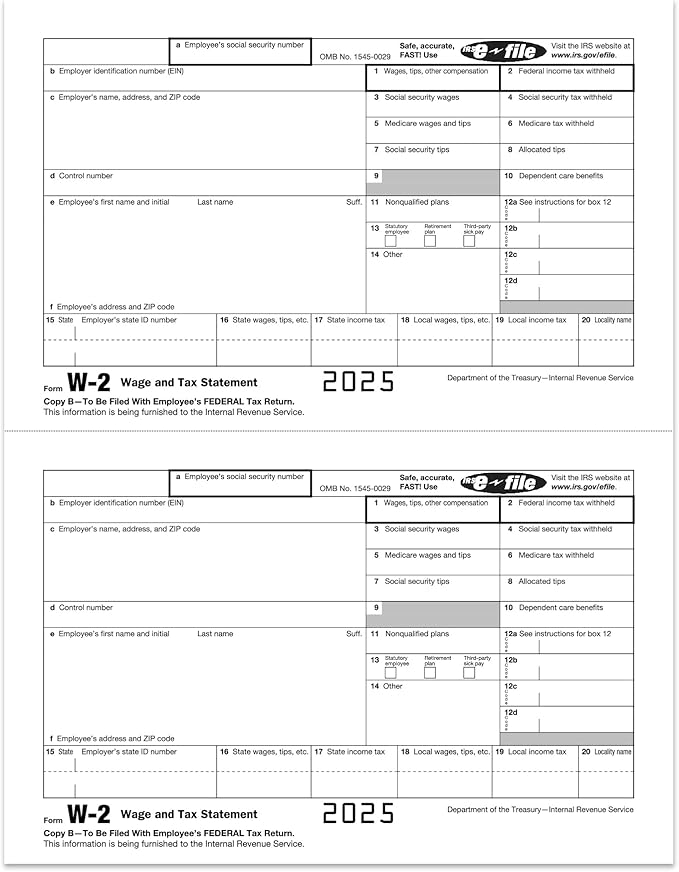 W2 Forms 2025, 6 Part Tax Forms, 25 Employee Kit of Laser Forms Designed for QuickBooks and Accounting Software, 25 Self Seal Envelopes Included