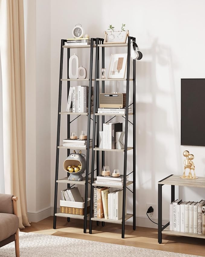 Hzuaneri Ladder Shelf, Bookshelf Bookcase, Freestanding Corner Storage Shelve with 2 Hooks for Home Office, Living Room, Kitchen, Bedroom, Industrial, 11.8" D x 13.4" W x 72.8" H, Greige BC13305B