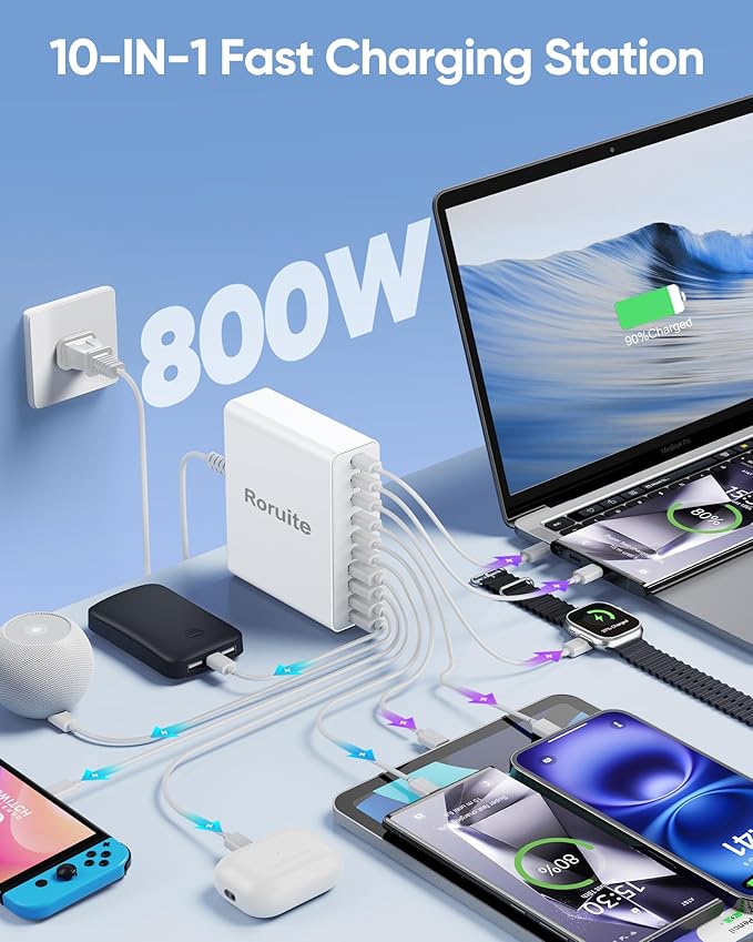 800W USB C Charging Station, 120W PD GaN5 Super Fast USB C Charger Block-10 Port, Type C Fast Charging Block for PC Laptop MacBook Pro/Air Charger Adapter with iPhone 17 16 15 14 Pro Max, iPad, Galaxy