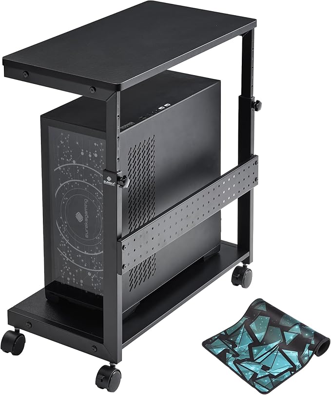 EUREKA ERGONOMIC PC Stand Computer Cart, Height Adjustable Tower Stand 2-Tier Suit for ATX Case Printer, Metal Rolling Cart on Wheels for Gaming Home Office, Carbon Fiber