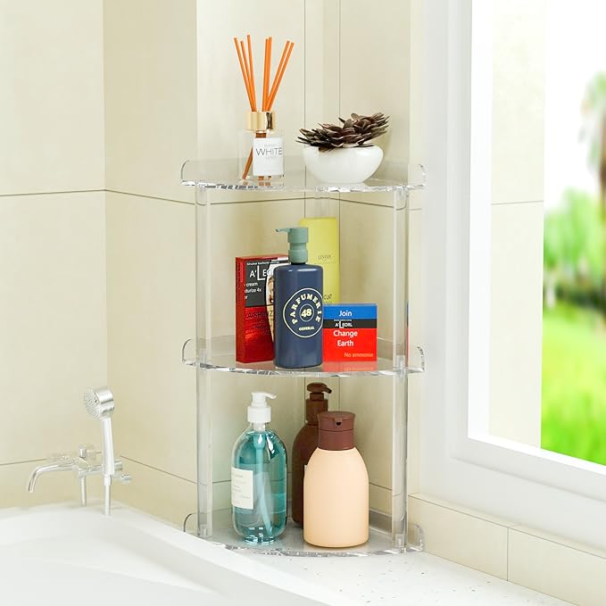 Sezanrpt 3 Tier Countertop Corner Organizer Shelf 7x7x15.7 Inch, Countertop Acrylic Bathroom Corner Shelf, Clear Vanity Storage Organizer for Cosmetics, Toiletries