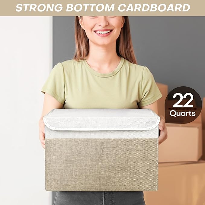 Bagnizer Large 22 Quart Linen Fabric Foldable Storage Bin Cube Organizer Basket with Flip-Top Lid & Handles, Clothes Blanket Box for Home, Office, Closet, Beige & White, 4 Pack 14.6 x 9.5 x 9.5”