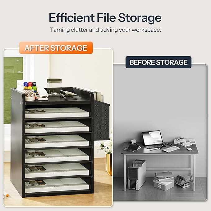 HOOBRO Adjustable Countertop Mail Sorter, 6 Tier Wooden Paper Organizer, Vertical Literature Organizer with Side Storage, Office Mailbox Cubbies, Classroom Mailbox, for Home, Office, Black BB34WF01