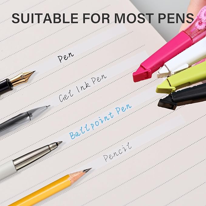 WISOPTUS Correction Tape Pen, 10-Count Pack, 19.69ft Each, Dry Instantly, Stretch Resistant, not Easy to Break, as Smooth as Writing, Perfect for School, Office Supplies, Black White Red Yellow Blue