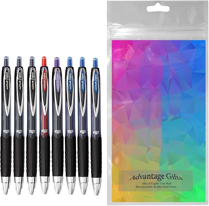Advantage Gifts Signo 207 Roller Ball Retractable Gel Pens, Medium Point (0.7mm), Black Blue Red And Purple Ink, 8 Count, Bundle with Plastic Reusable Pouch