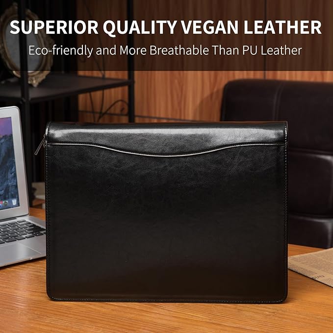 Geslun Personalized Vegan Leather Portfolio, Legal Size 8.5 x 14 Pad Holder, Custom Business Padfolio for Men Women, Zippered 14" Laptop Organizer, Professional Notepad Folio, Black
