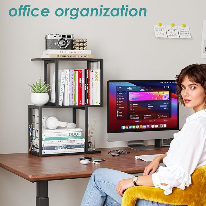 Vfelf Bookshelf Desk Organizer，3-Tier Shelf for Top of Desk Workspace Organizers for Office Accessories, Black