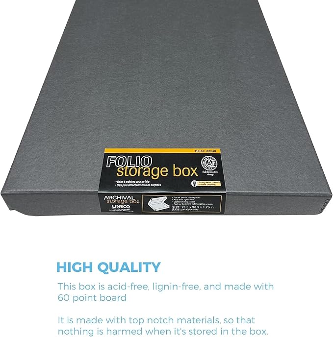 Lineco Folio Storage Box, Clamshell Design with Metal Edge. 23.5x30.5x1.75 in, Archival Boxboard, Preserve Photos, Prints, Cards, Magazines, Documents, Art, Ephemera, Family Records, Gray, Pack of 2