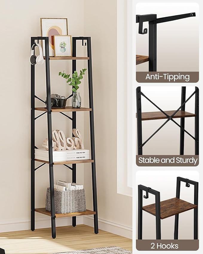 Hzuaneri Ladder Shelf, Bookshelf Bookcase, Freestanding Corner Storage Shelve with 2 Hooks for Home Office, Living Room, Kitchen, Bedroom, Industrial, 11.8"D x 13.4"W x 47.2"H, Rustic Brown BC13201B