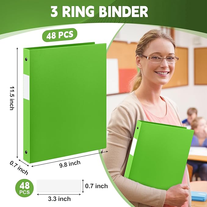 Henoyso 48 Pcs 3 Ring Binder 0.5 Inch Round Fits Letter Size 8.5'' x 11'' Paper Plastic Flexible Binder Bulk Holds 140 Sheets with 1 Pockets Versatile Organizer for Home Office School (Tender Green)