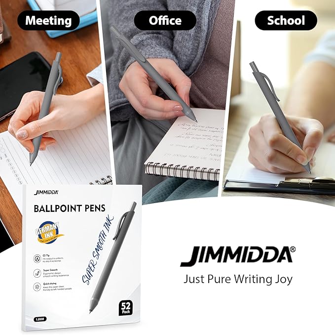 JIMMIDDA 52 Pcs Pens Bulk - 1.0MM Ballpoint Pens Black Ink | Medium Point Smooth Writing, No Bleed Retractable Ball Point Pen for Office School (Gray - 52Pcs)