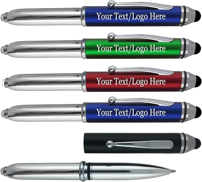 Promotional Pens with Personalized Text or Custom Business Logo- Bulk 150 Pack- for Marketing, Parties, and Events, 3 in 1 LED Flashlight + Ballpoint Pen + Stylus for Touchscreen Devices, Assorted