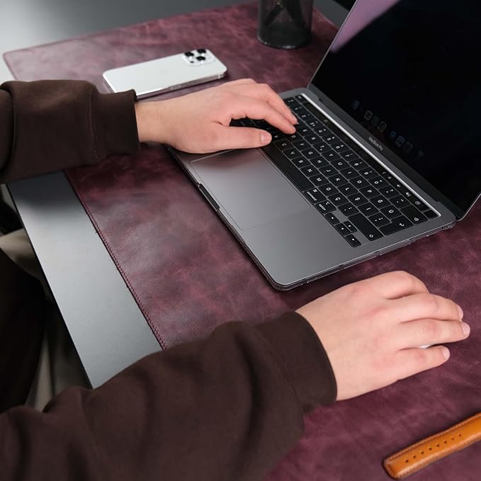 TORONATA Jersey Genuine Calfskin Leather Desk Pad, Office Desk Mat with Non-Slip Bottom, Smooth Surface for Mouse & Keyboard, Desk Protector (36x19 inches) (Dark Purple)