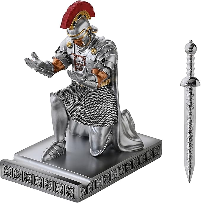 CYXStar Roman Praetorian Prefect Warrior Knight Pen Holder Desk Ornament Resin Praetorian Guard Mobile Phone Stand Desk Accessories and Organizer for Office with a Letter Opener (Silver)
