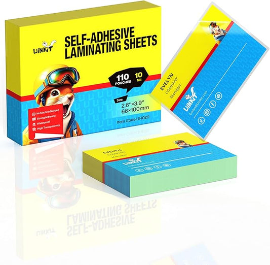 Uinkit 10Mil Self-Sealing Laminating Pouches Business Card Size, for 2.6x3.9" Cards, Ultimate Solution for Restaurant IDs, School Badges, Event Credentials - No Laminator (110-Pack Bulk)