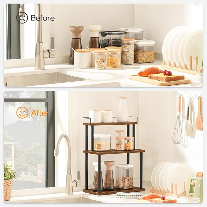 HOOBRO Kitchen Countertop Organizer, Moveable Corner Shelf, Desktop Storage Organizer for Countertop, Office Desk, Living Room, Rustic Brown and Black BF02TL01