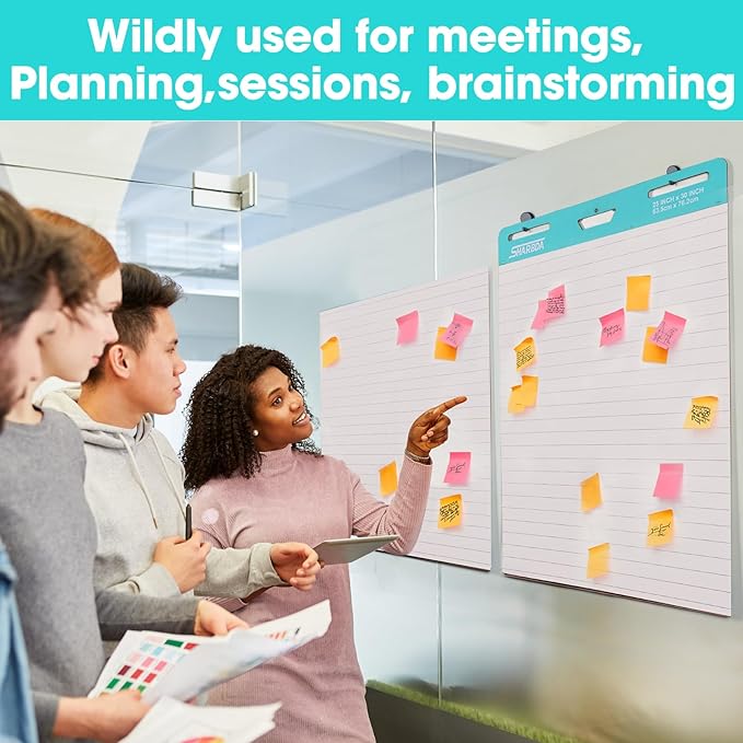 SHARBDA Sticky Easel Pad, 25 * 30 inch,Self-Stick Flip Chart Paper, Super Adhesive & Bleed-Resistant,Micro-Perforated Tear,Classroom Teacher Office Presentation Pads,4 Pads/Pack,120 Sheets
