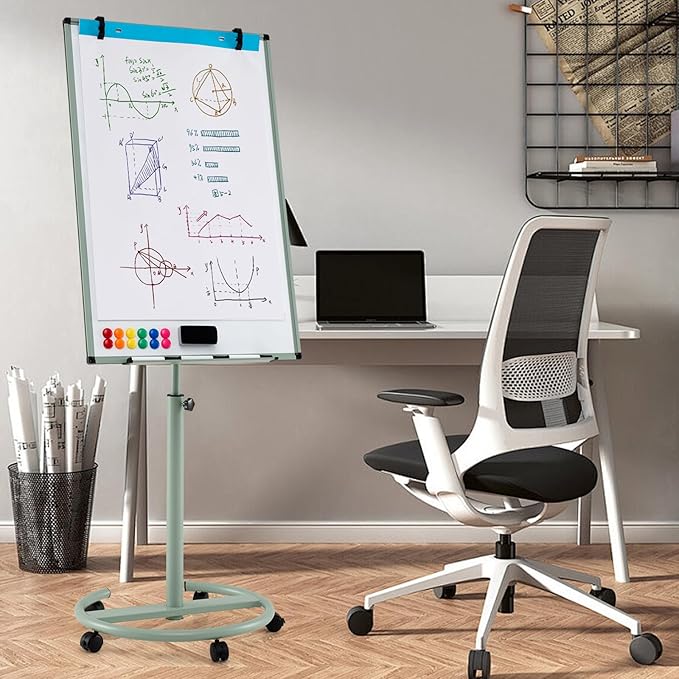 Goplus 40” x 26” Rolling Whiteboard, Height Adjustable Magnetic Dry Erase Board on Wheels with Round Stand, Paper Clips, Storage Tray, Paper Pad, Magnets, Markers, Mobile White Board for Office School