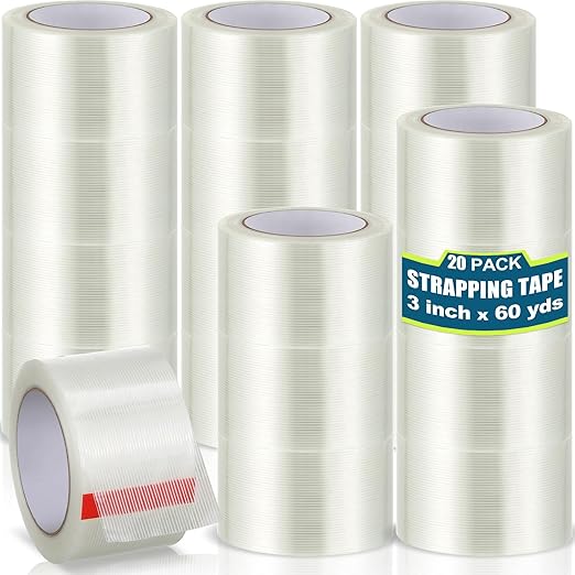 Treela 20 Rolls Strapping Tape 3 Inch X 60 Yards 5.5 Mil Fiberglass Filament Tape Transparent Reinforced Heavy Duty Packing Strips for Shipping Sealing Binding Fixing