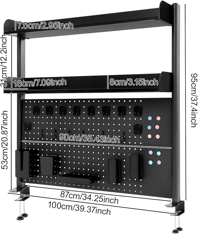 Dlinanta Clamp-On Pegboard Desk Organizer, 2-Tier Clamp On Desk Shelf with Hooks, Office Accessory Organizer for Books, Office Supplies & DIY Storage, 16.5lbs Capacity, 39.37" x 37.4", Black
