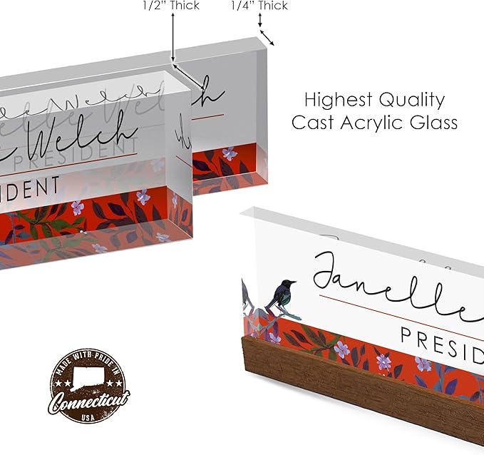 Artblox Personalized Office Desk Name Plate and Business Card Holder | Clear Acrylic Glass with Teak Wood Stand | Bird Singing Design Customized with Your Name and Credentials Office Desk Décor 8x2.5