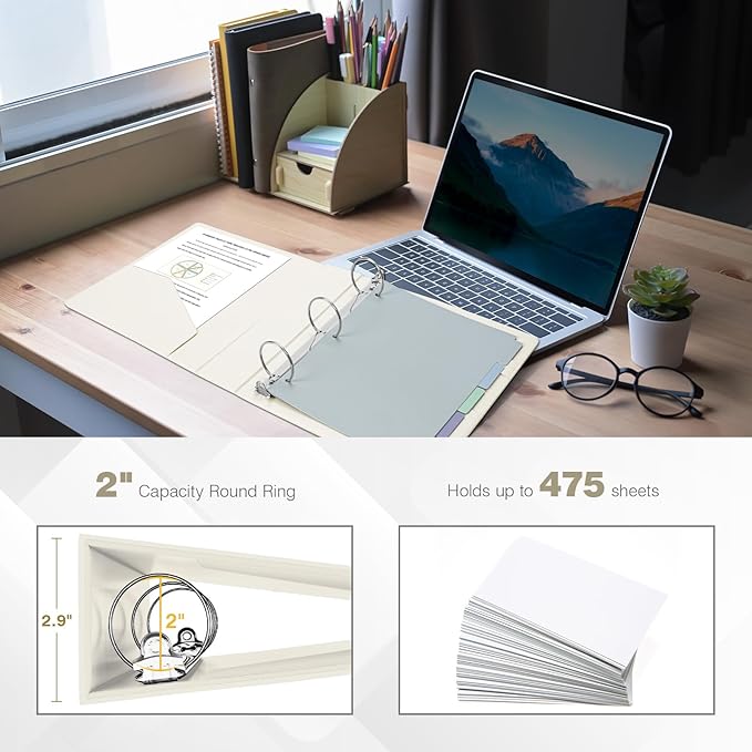 Ospelelf Vintage Hardcover 3 Ring 2 inch Leather Binder, Professional Binders Organizer Suitable for Letter Size Documents, Binder Dividers with Tabs, Beige