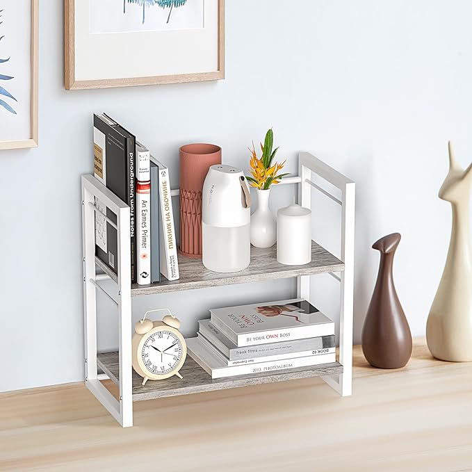ART-GIFTREE Office Desk Shelf Organizer, Wood Desktop Bookshelf Supplies Storage Rack, Shelf for Top of Desk and Dresser (Grey-2 Tier)