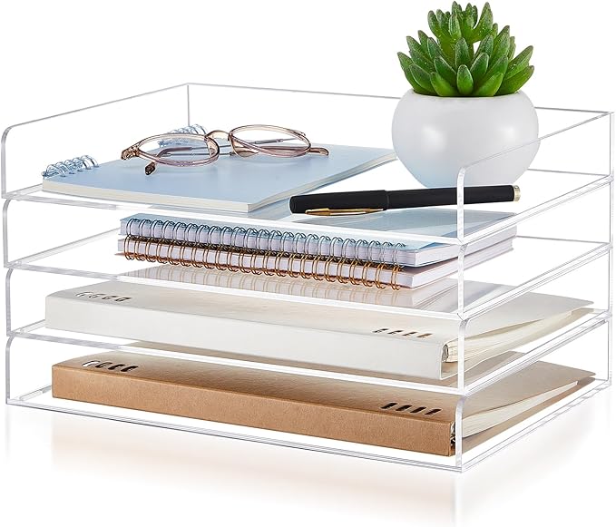 Harloon 4 Tier Acrylic Paper Tray 12.4 x 8.9 x 1.7 Inches Stackable Letter Clear Organizer No Need to Assemble Acrylic Paper Organizer File Tray for Office Workspace Desktop Storage(Transparent)