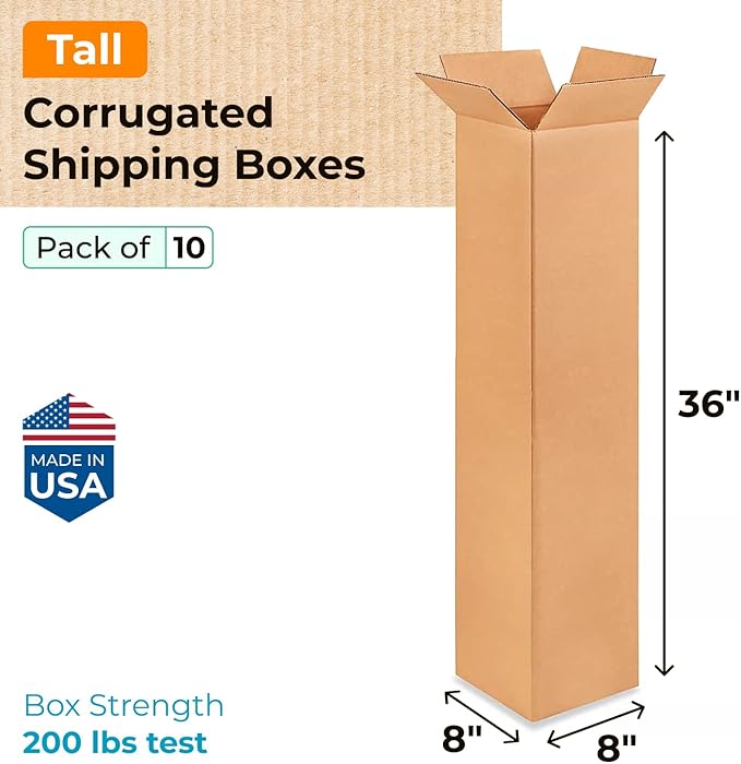 Tall Moving & Shipping Boxes 8x8x36 inches (10-Pack) - Extra Strength 200 lb vs Regular - Corrugated Durable Packing Boxes - Cardboard Box for Shipping - Eco Shipping Box by IDL Packaging