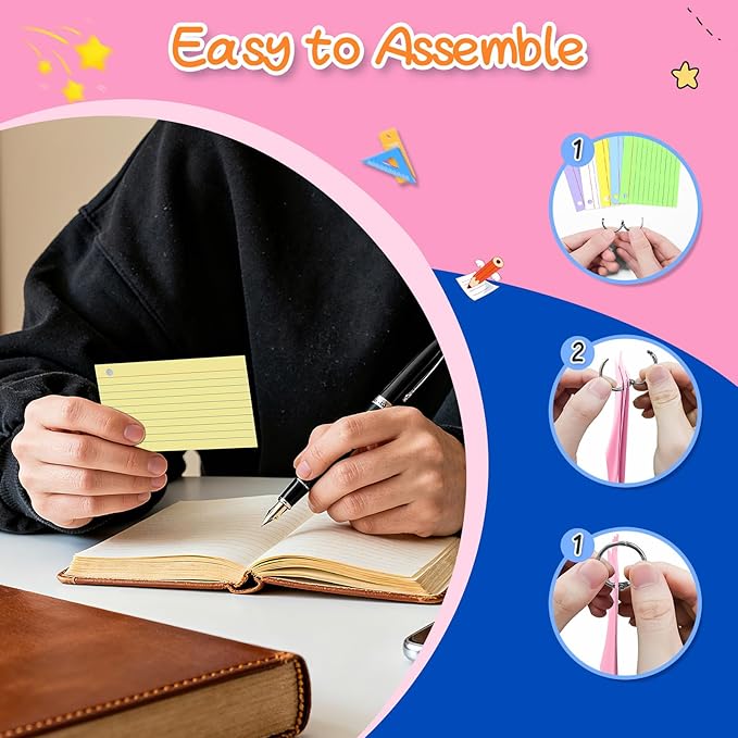 250 Count Colored 3 x 5 Inch Index Cards with Ring, Ruled Flash Cards for Office Use, Portable Note Cards for Study, Heavy Weight Flashcards for Home and School