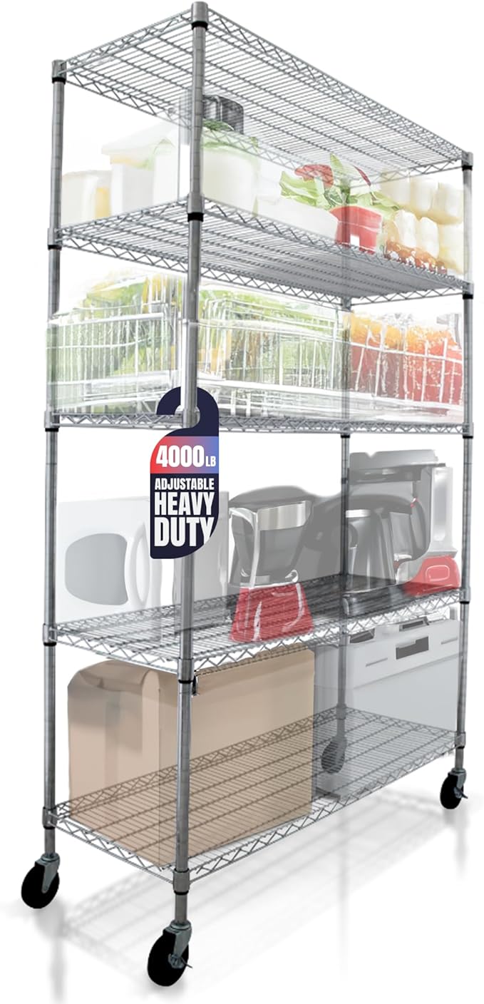 4000 LBS Heavy Duty Wire Rack 48 x 18 x 76, 5-Tier NSF Commercial Rolling Rack with Wheels, Chrome Metal Shelving Unit for Garage, Kitchen, Warehouse, Adjustable Storage Shelf, Crescent