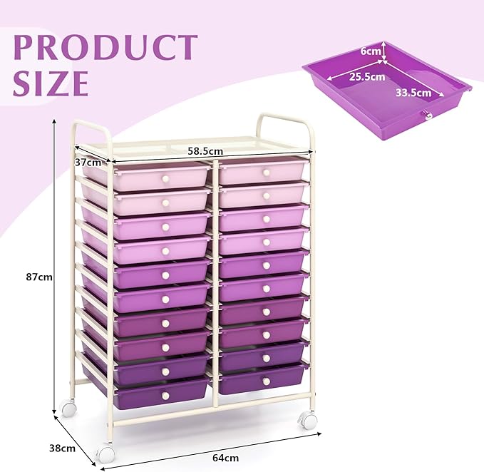 Happygrill 20-Drawer Organizer Cart Tools, Mobile Utility Storage Cart with Removable Drawers & Lockable Wheels, Rolling Storage Cart with wheels for Home Office School (Purple Gradient)