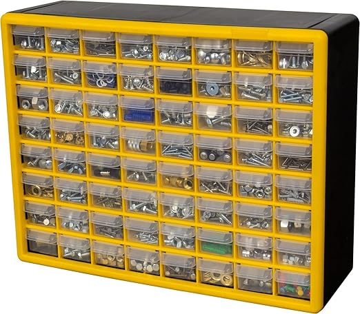 Akro-Mils 64-Drawer Plastic Drawer Storage Cabinet for Garage Organization, Bead Organizer, Building Bricks Storage, Teacher Toolbox, Makeup Organizer, 20" W x 6" D x 16" H, 10164 Yellow