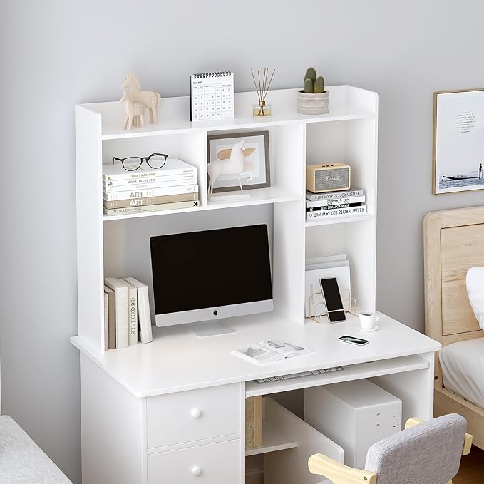 OSCHF Wooden Desktop Hutch Bookshelf - Free Standing Desk Storage Shelf with Top Edge for Computer Desk, Desktop Bookcase for Dorm, Home or Office, Countertop Organizer, White, 45.3"