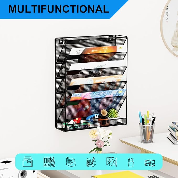 GDINDINFAN Wall File Organizer Holder Mesh Hanging Paper Document Holder,Vertical 6 Pocket Tier for Office Home, Black