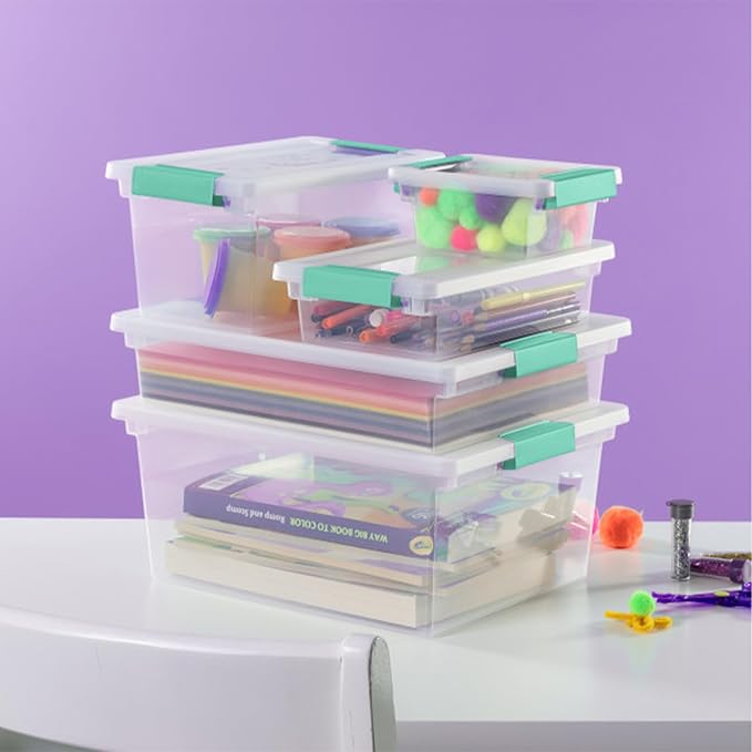 Sterilite Clip Box, Stackable Small Storage Bin with Latching Lid, Plastic Container to Organize Office, Crafts, Clear Base and Lid, Large, 1-Pack