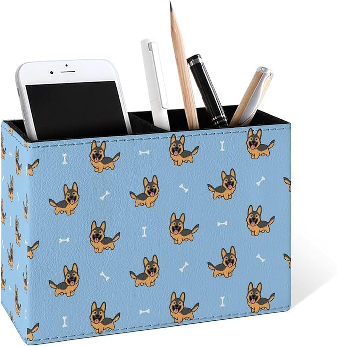 Famame Little German Shepherd Dog Pencil Holder for Desk, Leather Desktop Container Pen Cup Storage Study Table Pen Organizer Makeup Brushes Holder for Office Home