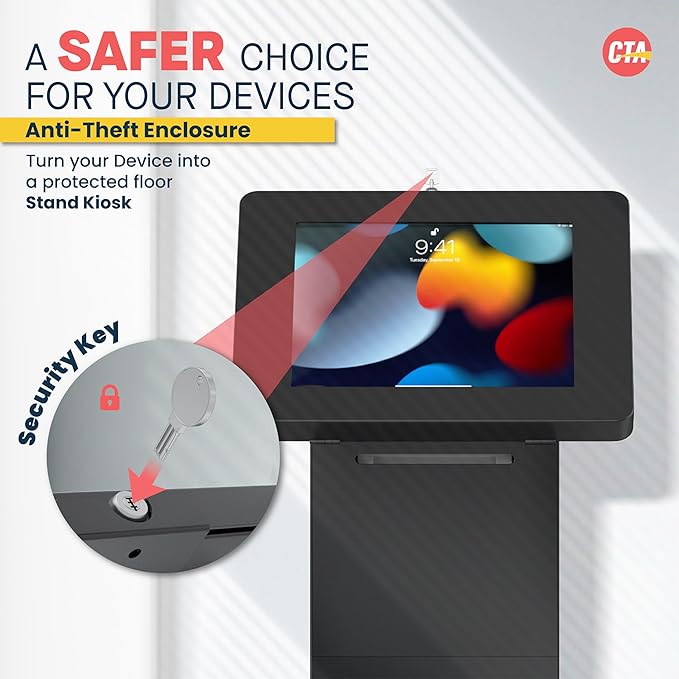 CTA Digital Locking Kiosk & Enclosure – Premium Locking Floor Stand Kiosk with Universal Security Enclosure - Storage and Cable Management for Retail POS - Ordering Screens & More Black (PAD-PARAFPE)