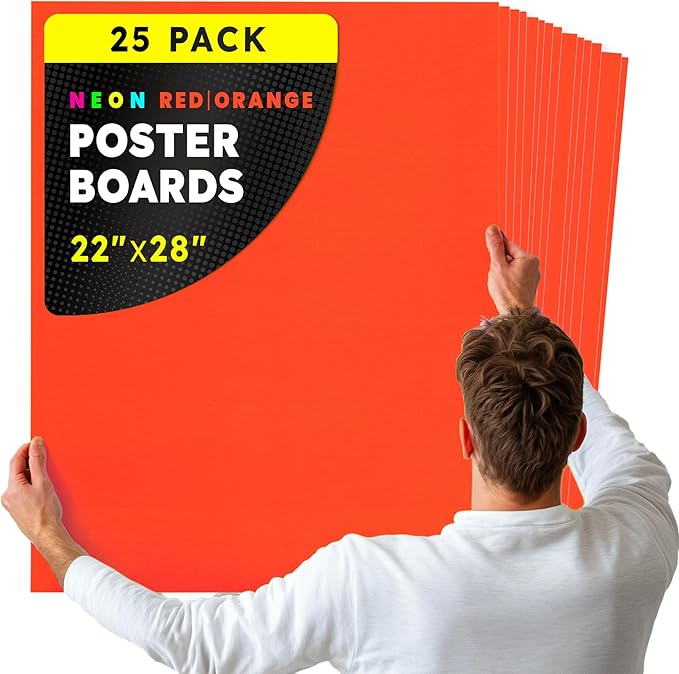 Hygloss Large Poster Board 22x28 - 25 Neon Red-Orange Single Color Poster Boards Bulk Pack - 10 Pt. Thickness Colored Poster Board Paper for Projects, Signs, Displays - Posterboard Multipack 22" x 28"