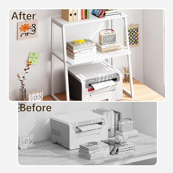 Arbuxzuy Printer Stand for Desk, Desktop Printer Shelf, 3 Tier Desk Shelf for top of Desk, Large Printer Stands Office Organization Shelves for Home Office Printer Fax Book, White