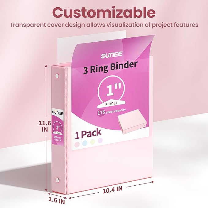 SUNEE Binder 3 Ring 1 Inch 1 Pack, Clear View 1" Binder Three Ring PVC-Free (Fit 8.5x11 Inches) for School or Office Supplies, Pink