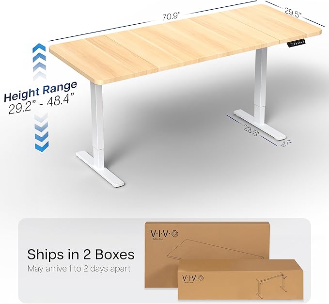 VIVO Electric 71 x 30 in Standing Desk, Memory Height Adjustment, 1B Series, Holds 220 lbs, Light Wood Top White Frame, DESK-KIT-1W7C