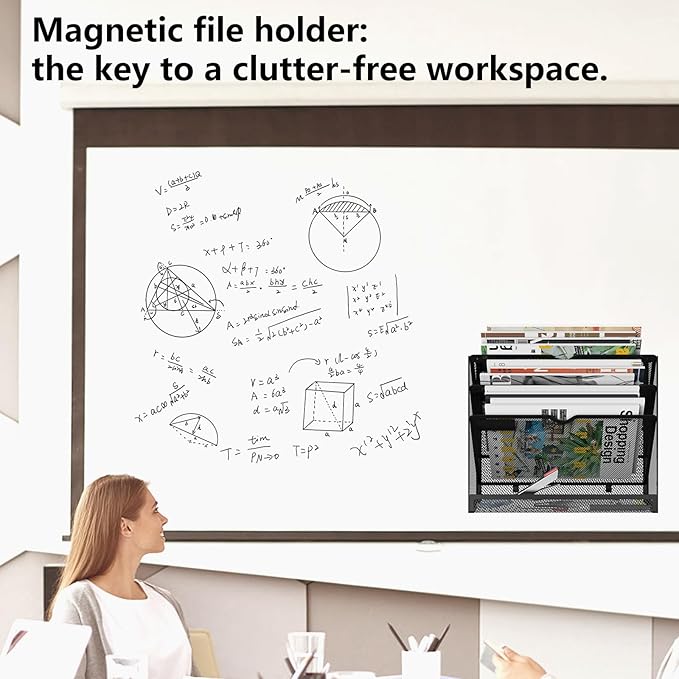 KZWKRG 4 Tier Magnetic File Holder, Large Capacity Mesh Hanging Wall Organizer Vertical Magnetic Hanging File Organizer, Magnetic File Folder Holder for File Cabinets, Office, Whiteboard (Black)