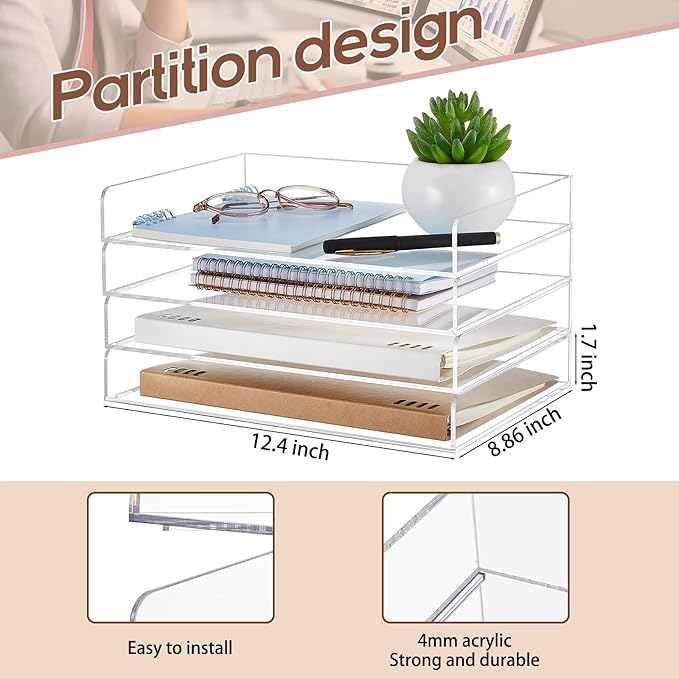 Harloon 4 Tier Acrylic Paper Tray 12.4 x 8.9 x 1.7 Inches Stackable Letter Clear Organizer No Need to Assemble Acrylic Paper Organizer File Tray for Office Workspace Desktop Storage(Transparent)