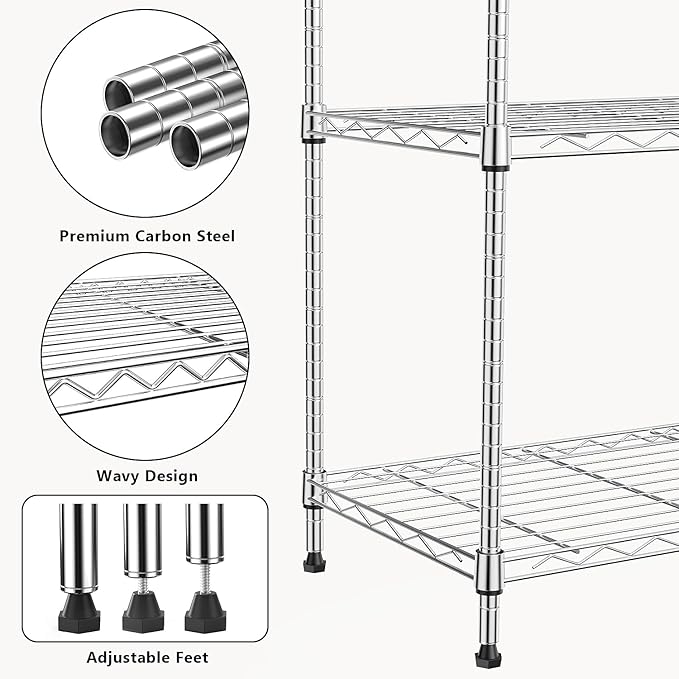 M MZG 1000 lbs 4Tier Shelf Metal Storage Shelves Wire Rack Closet Organizers with Wheel for Garage Kitchen Bathroom Laundry Chrome 13.7" D x 23.6" W x 53.4" H