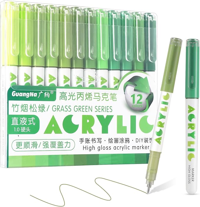kander Acrylic Gel Pens, 12 Colors Highlighter Acrylic Gel Ink Pens with Bullet Tip,Strong Coverage, Large Ink Capacity, Multi-Purpose Paint Pens for Rock Painting, Crafts, DIY, Art Supplies
